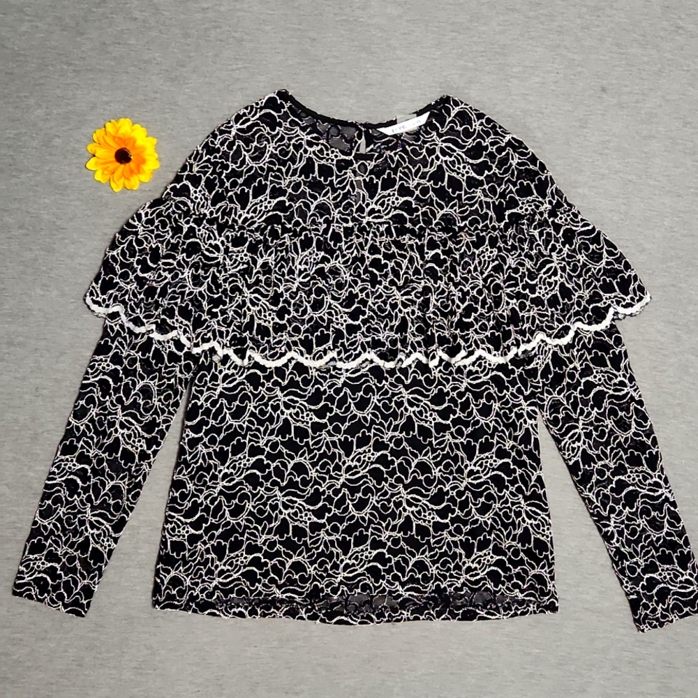 NYGARD Plus-Size Ruffled Lace Black & White Long Sleeved Blouse Top Shirt